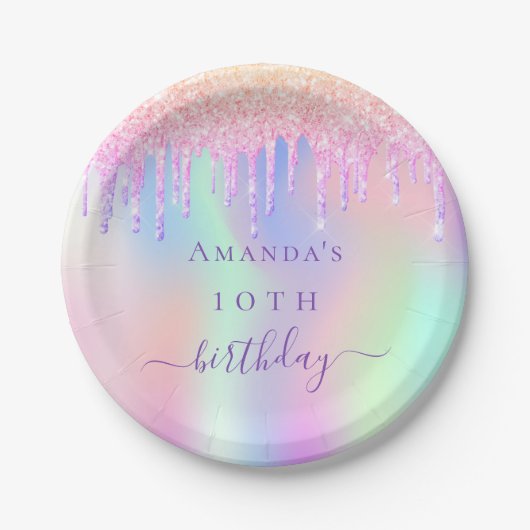 Assiettes En Carton Anniversaire rose violet parties scintillant nom h (Devant)