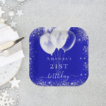 Assiettes En Carton Anniversaire royal bleu argent parties scintillant<br><div class="desc">Pour une fête d'anniversaire de 21ème anniversaire (ou de n'importe quel âge). Un arrière - plan bleu royal avec d'élégants étincelants en faux argent et des ballons blancs. Personnalisez et ajoutez un nom et 21 ans. Lettres blanches.</div>