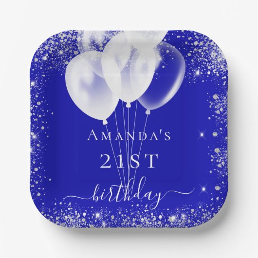 Assiettes En Carton Anniversaire royal bleu argent parties scintillant (Recto)