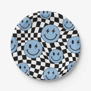 Assiettes En Carton Anniversaire Souriant Prépa Rétro Damier Ondulé Bl