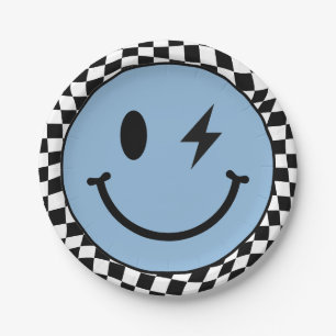 Assiettes En Carton Anniversaire Sourire Heureux Damier Bleu Ondulé