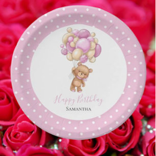 Assiettes En Carton Anniversaire Teddy Bear Girl Balloons Points Rose