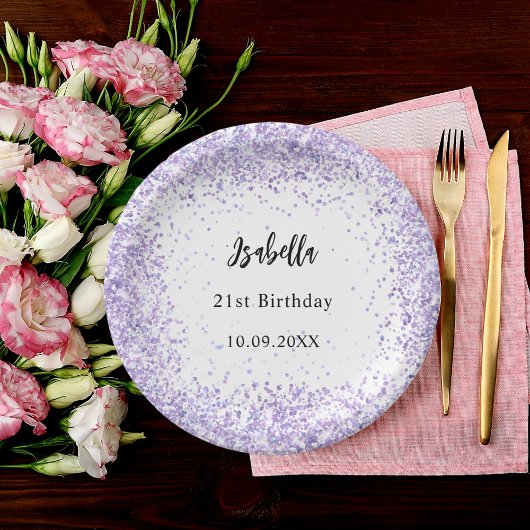 Assiettes En Carton Anniversaire violet blanc confetti