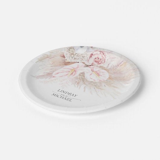 Assiettes En Carton Anthurium rose et Pampas Grass mariage élégant (Angle)