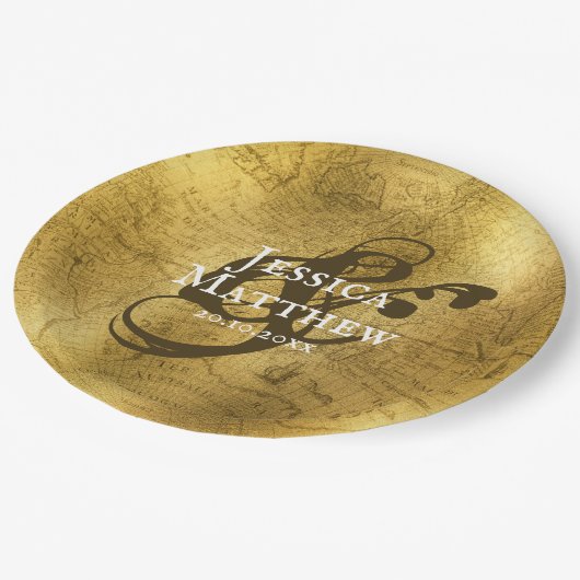 Assiettes En Carton Antique Gold Metallic Old Map Mariage (Angle)