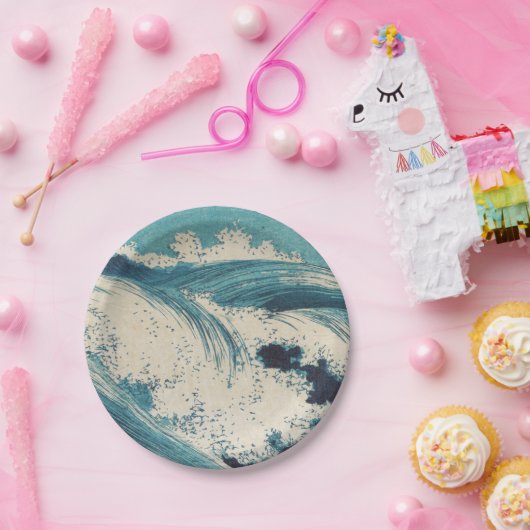 Assiettes En Carton Antique Japonais Bleu Vagues Océan Imprimer (Fête)