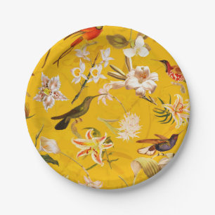 Assiettes En Carton Antique Tropical Hummingbird Jungle Motif Jaune