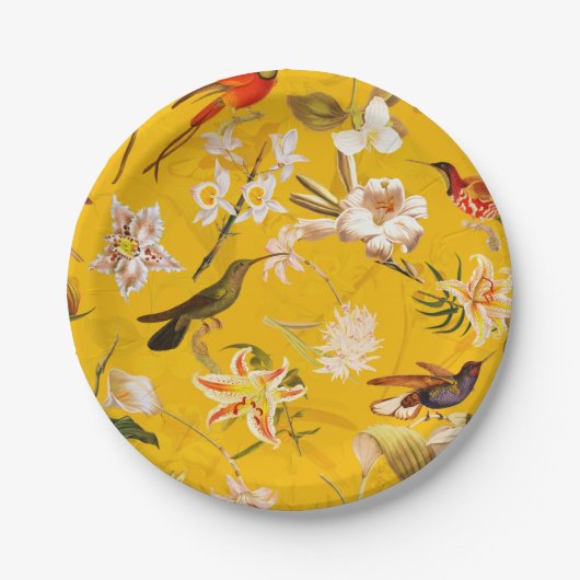 Assiettes En Carton Antique Tropical Hummingbird Jungle Motif Jaune (Devant)