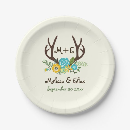 Assiettes En Carton Antlers & bleu aqua, fleurs jaunes mariage rustiqu (Devant)
