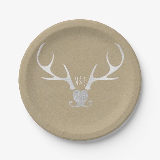 Assiettes En Carton Antlers en argent blanc et Mariage en papier Brown (Devant)