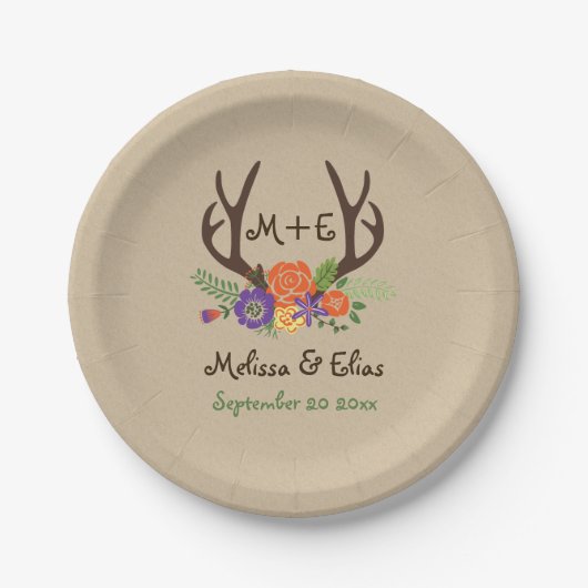 Assiettes En Carton Antlers & fleurs violettes orange mariage rustique (Devant)
