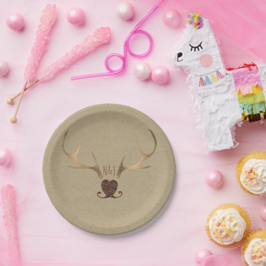 Assiettes En Carton Antlers or et Mariage Brown papier rustique (Fête)