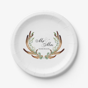 Assiettes En Carton Antlers rustiques et verdure   Aquarelle M & Mme