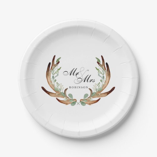 Assiettes En Carton Antlers rustiques et verdure | Aquarelle M & Mme (Devant)