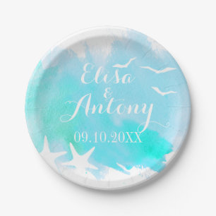 Assiettes En Carton Aqua aquarelle, mariage de plage d'étoiles de mer