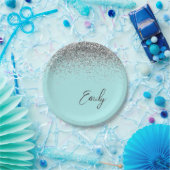 Assiettes En Carton Aqua Bleu Sarcelle Argent Paillettes Monogramme (Fête)