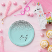 Assiettes En Carton Aqua Bleu Sarcelle Argent Paillettes Monogramme (Fête)