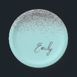 Assiettes En Carton Aqua bleu Turquoise Parties scintillant argent Mon<br><div class="desc">Aqua Blue Turquoise Silver Parties scintillant Monogramme Nom et Plaques de partie initiale. Cela rend le cadeau parfait pour 16 ans,  mariage,  douche nuptiale,  anniversaire,  baby shower ou bachelorette pour quelqu'un qui aime le luxe glam et les styles chic.</div>
