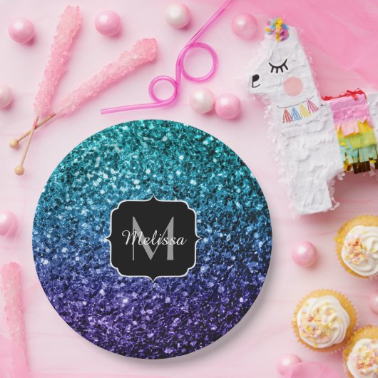 Assiettes En Carton Aqua blue Ombre fausse parties scintillant scintil (Fête)