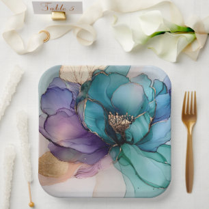 Assiettes En Carton Aqua Blue Purple Gold Fête des mariées Florale
