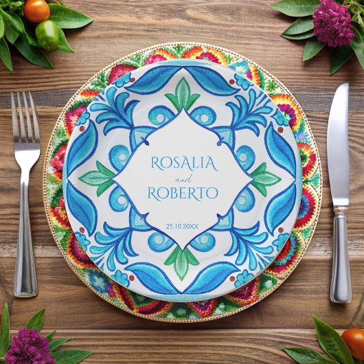 Assiettes En Carton Aqua Blue Talavera tuiles mariage monogrammé