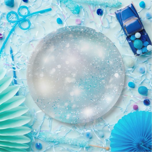 Assiettes En Carton Aqua Blue White Bokeh Anniversaire (Fête)