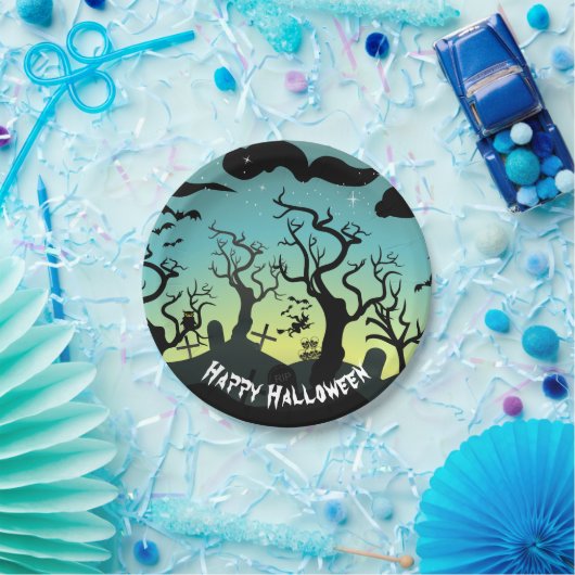 Assiettes En Carton Aqua et cimetière jaune hanté Halloween (Fête)