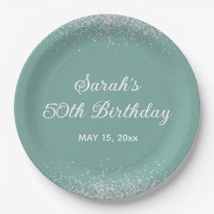 Assiettes En Carton Aqua Menthe Argent Paillettes 50e Anniversaire