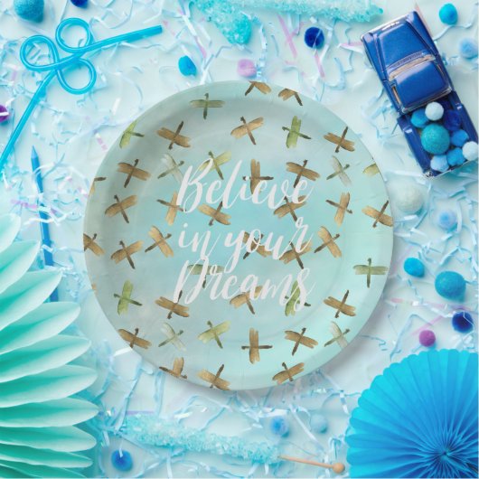 Assiettes En Carton Aqua Mint Gold Dragonfly Croire en Dreams (Fête)