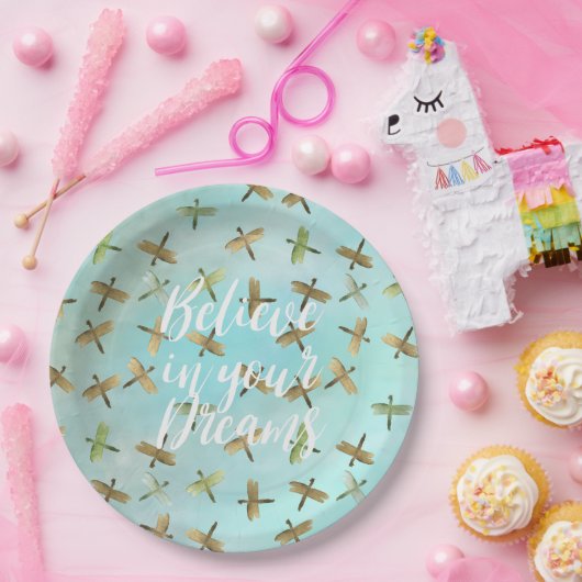 Assiettes En Carton Aqua Mint Gold Dragonfly Croire en Dreams (Fête)