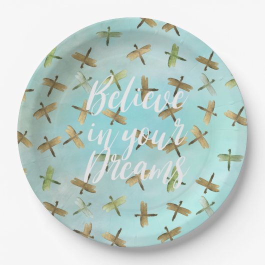 Assiettes En Carton Aqua Mint Gold Dragonfly Croire en Dreams (Devant)