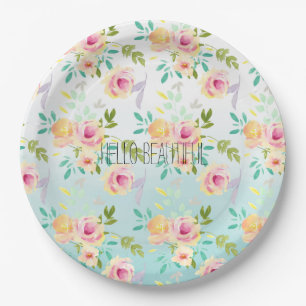 Assiettes En Carton Aqua Ombre rose jaune floral