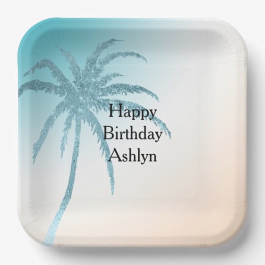 Assiettes En Carton Aqua Peach White Palm Tree Anniversaire (Recto)