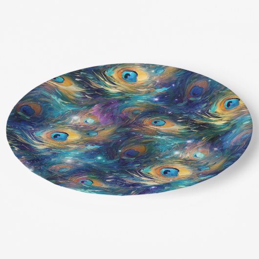 Assiettes En Carton Aqua Plumes Peacock Peint Bleu (Angle)