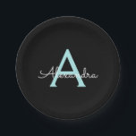 Assiettes En Carton Aqua Teal Blue Script Girly Monogram<br><div class="desc">Aqua Turquoise Monogramme bleu et noir Ajoutez votre propre nom Plaques de partie de script. Cela rend le cadeau parfait pour 16 ans,  mariage,  douche nuptiale,  anniversaire,  baby shower ou bachelorette pour quelqu'un qui aime le luxe glam et les styles chic.</div>