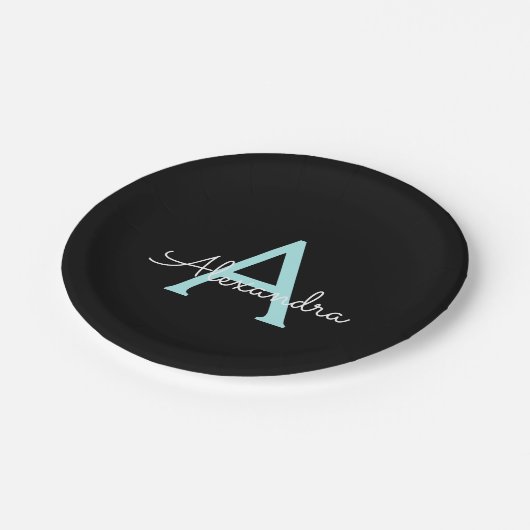 Assiettes En Carton Aqua Teal Blue Script Girly Monogram (Angle)