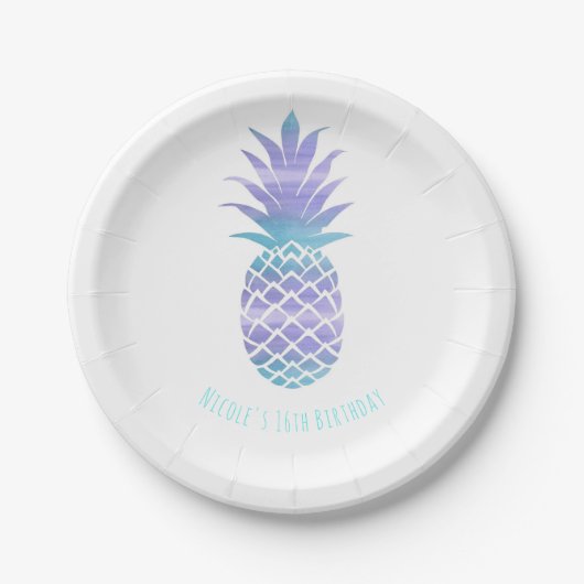 Assiettes En Carton Aqua Turquoise & Purple Ananas Tropical Chic Party (Devant)