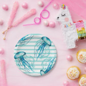 Assiettes En Carton Aqua Turquoise Stripes Aquarelle méduse (Fête)