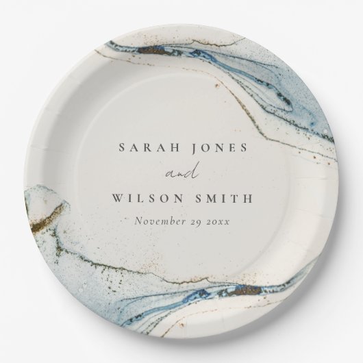 Assiettes En Carton Aquarelle Abstraite Blue Gold Mariage de plage (Devant)