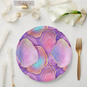 Assiettes En Carton Aquarelle Abstraite rose turquoise lavande agate