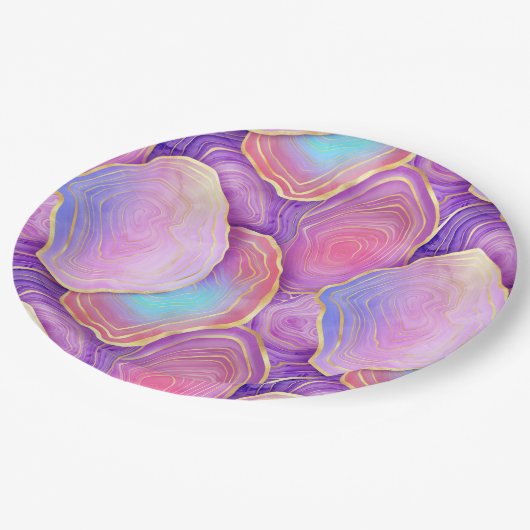 Assiettes En Carton Aquarelle Abstraite rose turquoise lavande agate (Angle)