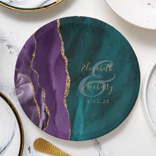Assiettes En Carton Aquarelle Agate Script Purple Gold Turquoise Maria