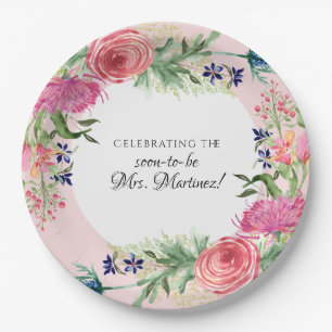 Assiettes En Carton Aquarelle Anglais Cottage Jardin Bleu rose Floral
