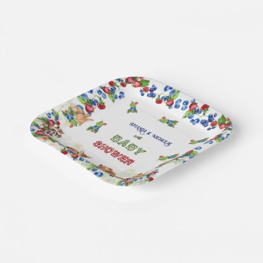 Assiettes En Carton Aquarelle Animaux Végétation Berry Baby shower (Angulaire)