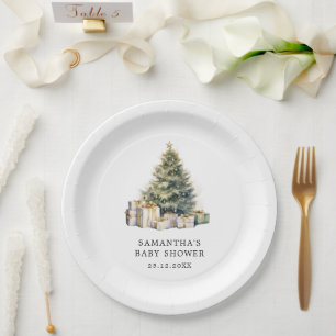 Assiettes En Carton Aquarelle Arbre de Noël Baby shower d'hiver