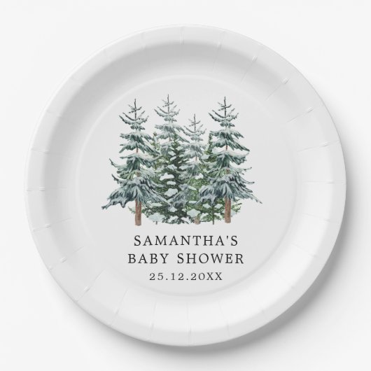Assiettes En Carton Aquarelle Arbre de Noël Baby shower d'hiver (Devant)
