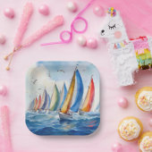 Assiettes En Carton Aquarelle Artwork Voilier Regatta (Fête)