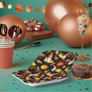 Assiettes En Carton Aquarelle Automne Gnomes, Citrouille Et Feuille