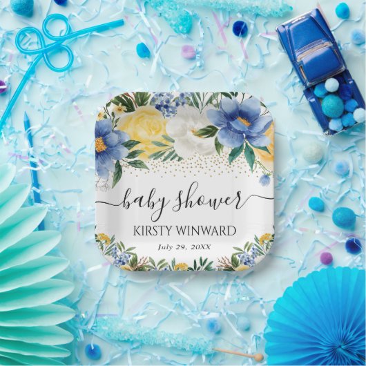 Assiettes En Carton Aquarelle Baby shower de fleurs bleu et jaune (Fête)