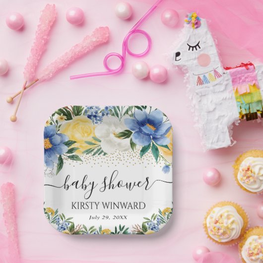 Assiettes En Carton Aquarelle Baby shower de fleurs bleu et jaune (Fête)